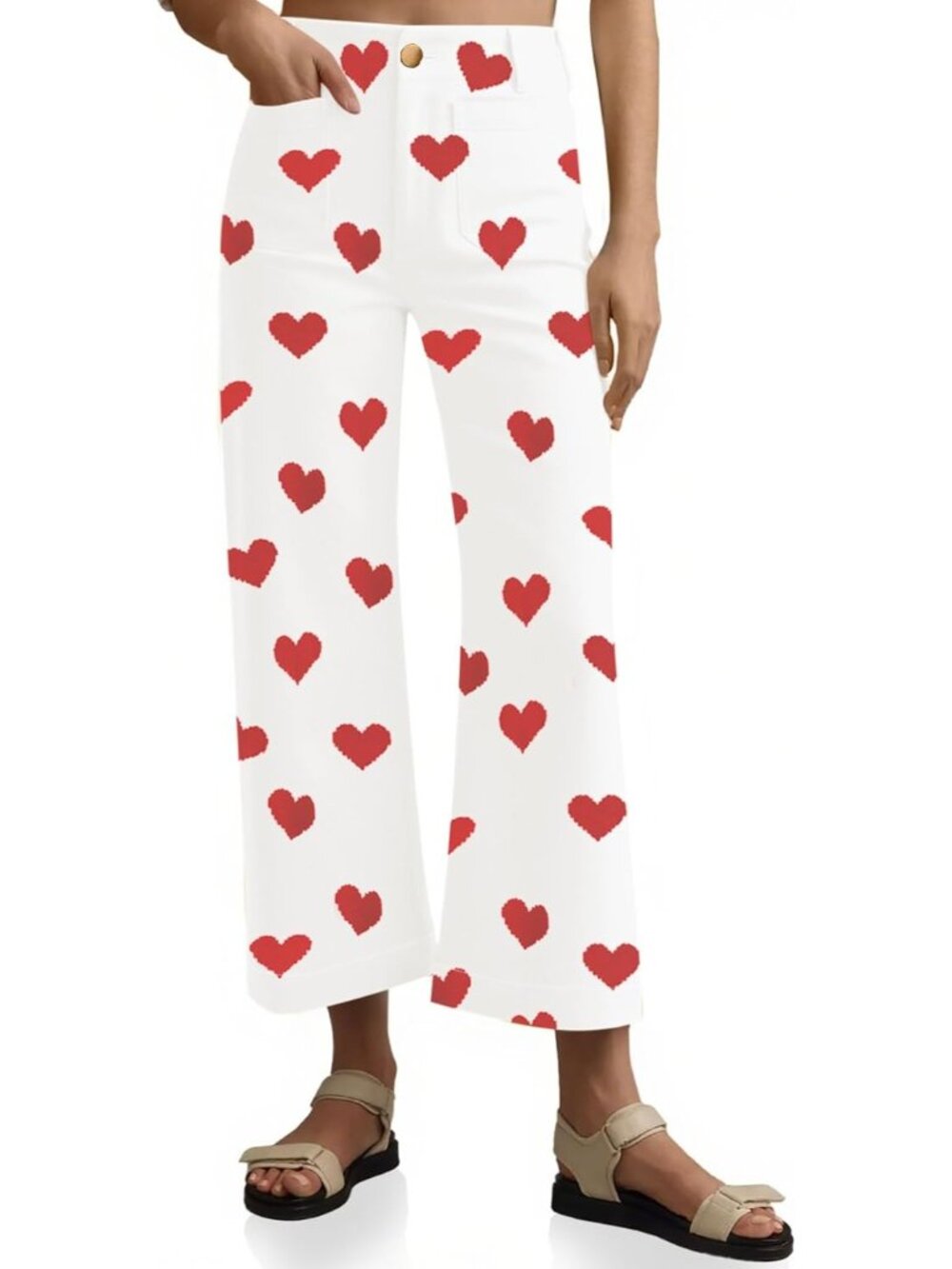 Women's Heart White Cropped Striped Jeans High Waisted Wide Leg Denim Pants